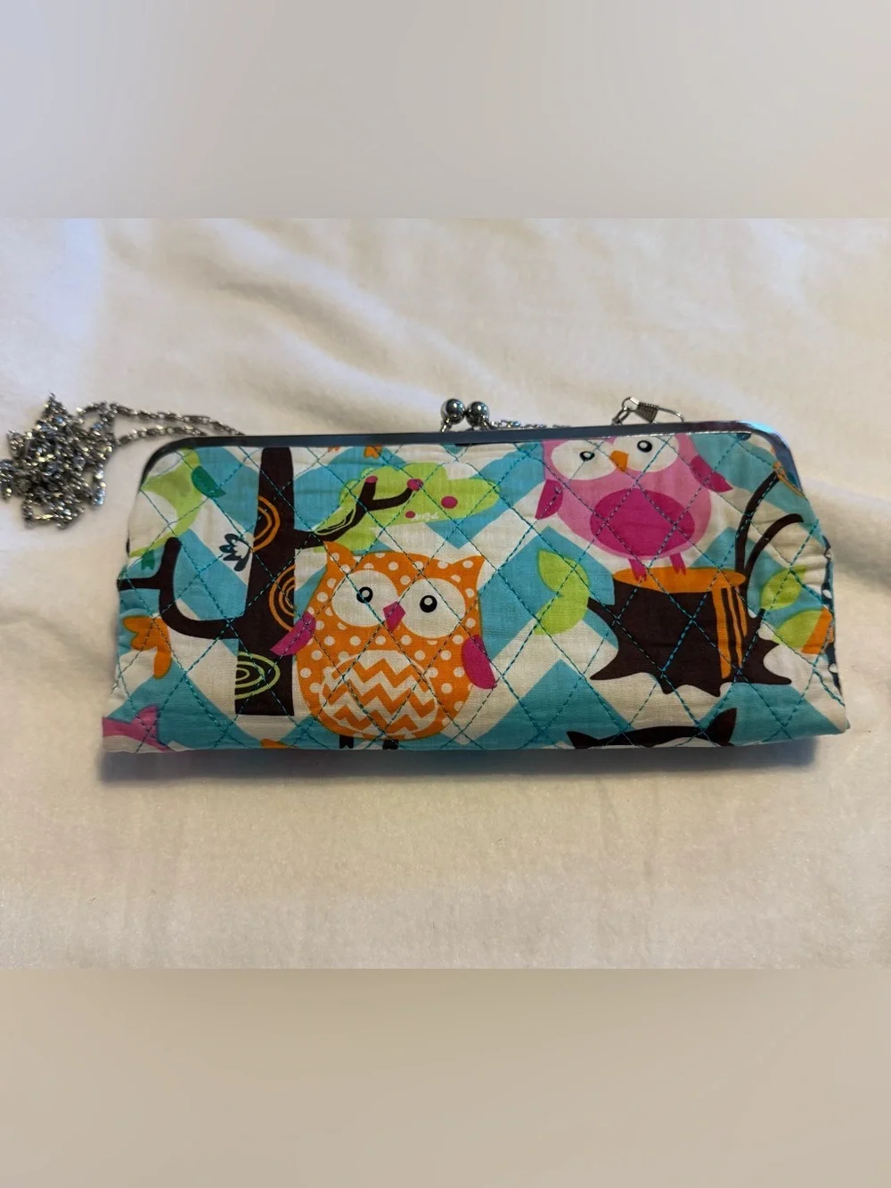 Owl Print Kiss Lock Wallet Clutch Crossbody Purse Chain Strap Colorful Quilted